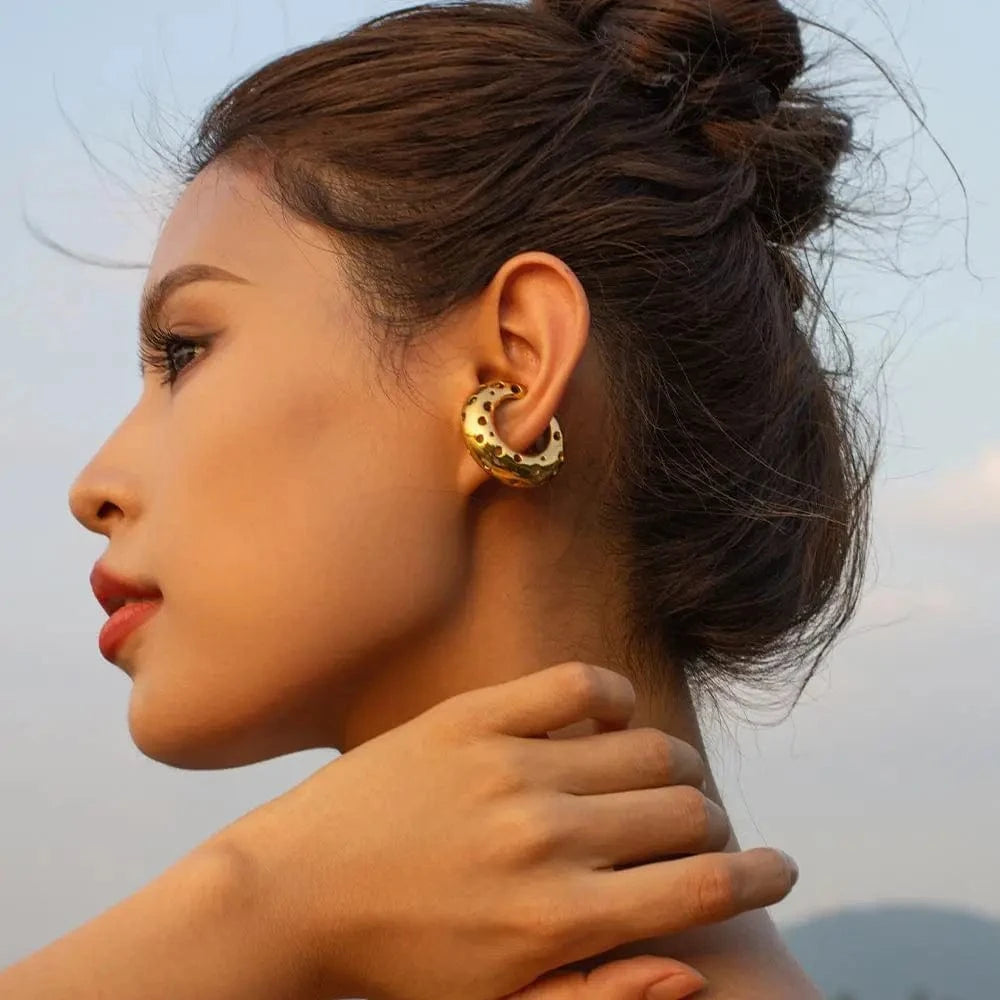 E1892 Unique Stainless Steel Gold Plated Earrings Women Luxury Big Hoop Hollow CC Earring Cuff