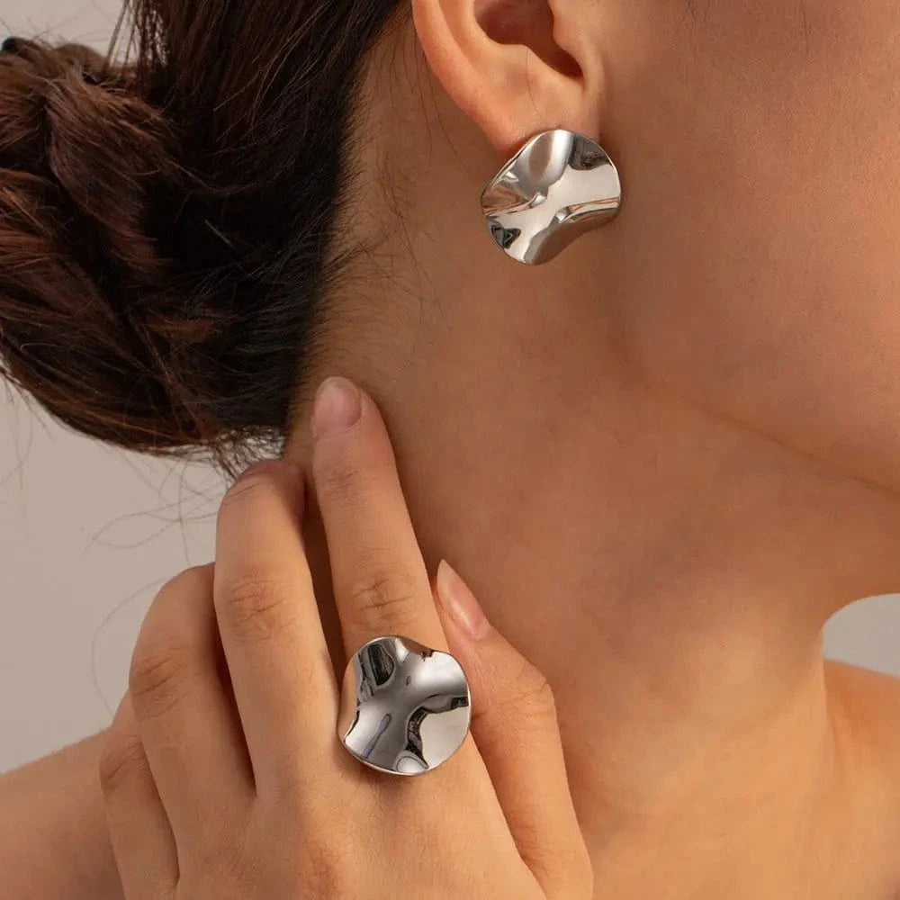 E1907 New Geometric Pleated Texture Stud Earrings Stainless Steel Abstract Earrings Adjustable Ring Set