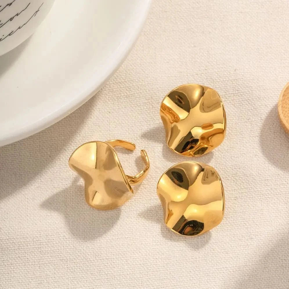 E1907 New Geometric Pleated Texture Stud Earrings Stainless Steel Abstract Earrings Adjustable Ring Set