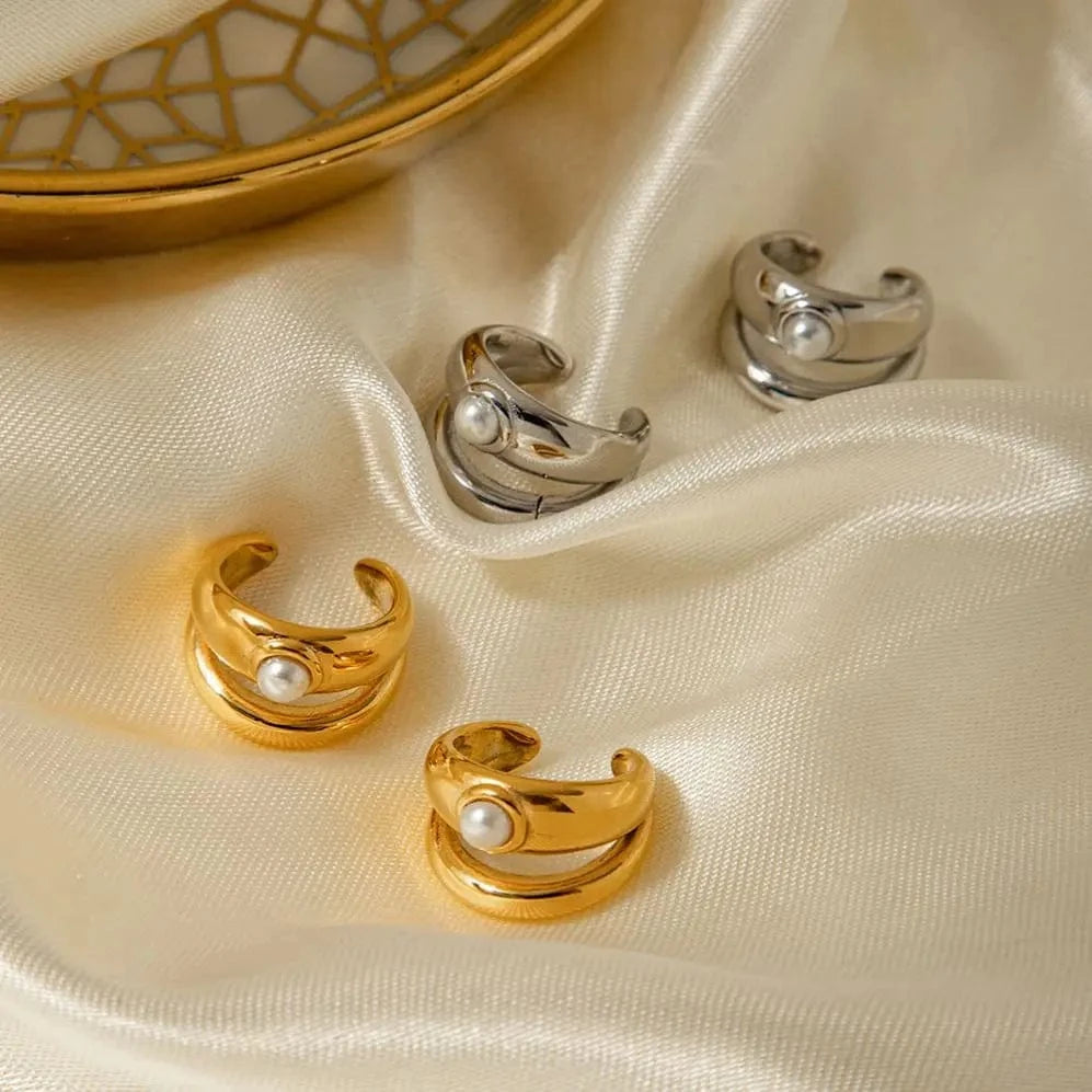 E1922 Design Pearl Ear Cuff Earring 18k PVD Gold Plated Glossy Double Layers Stainless Steel CC Ear Clip For Women
