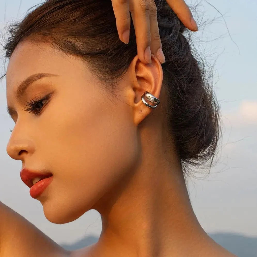 E1922 Design Pearl Ear Cuff Earring 18k PVD Gold Plated Glossy Double Layers Stainless Steel CC Ear Clip For Women