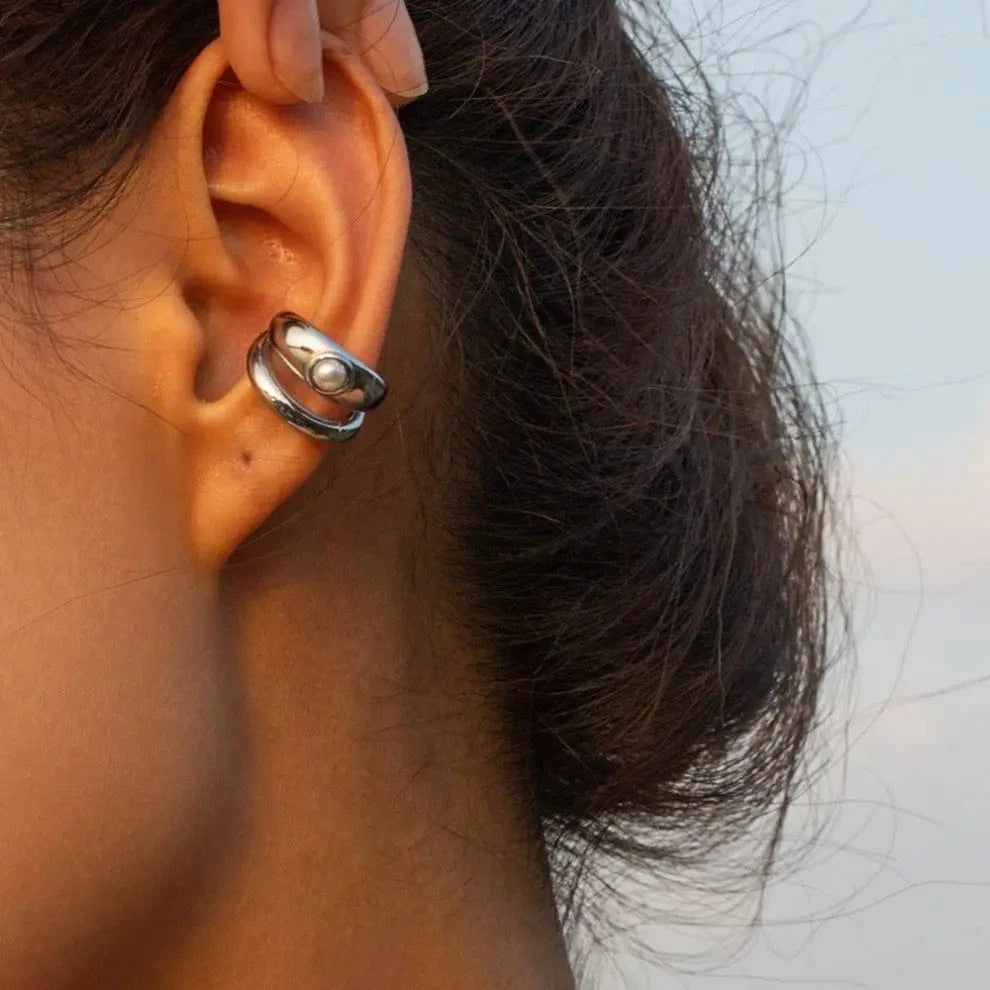 E1922 Design Pearl Ear Cuff Earring 18k PVD Gold Plated Glossy Double Layers Stainless Steel CC Ear Clip For Women