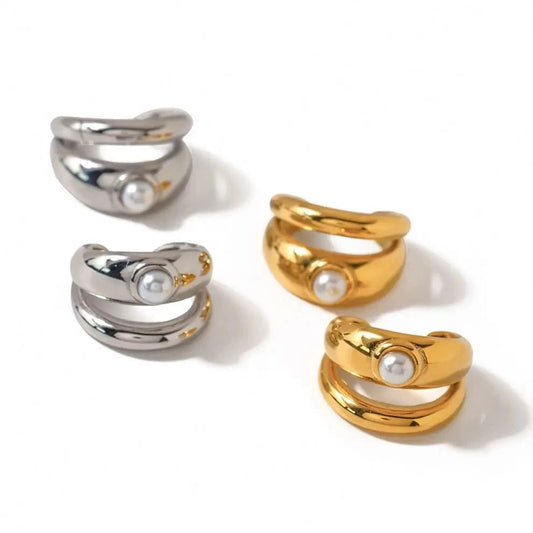 E1922 Design Pearl Ear Cuff Earring 18k PVD Gold Plated Glossy Double Layers Stainless Steel CC Ear Clip For Women