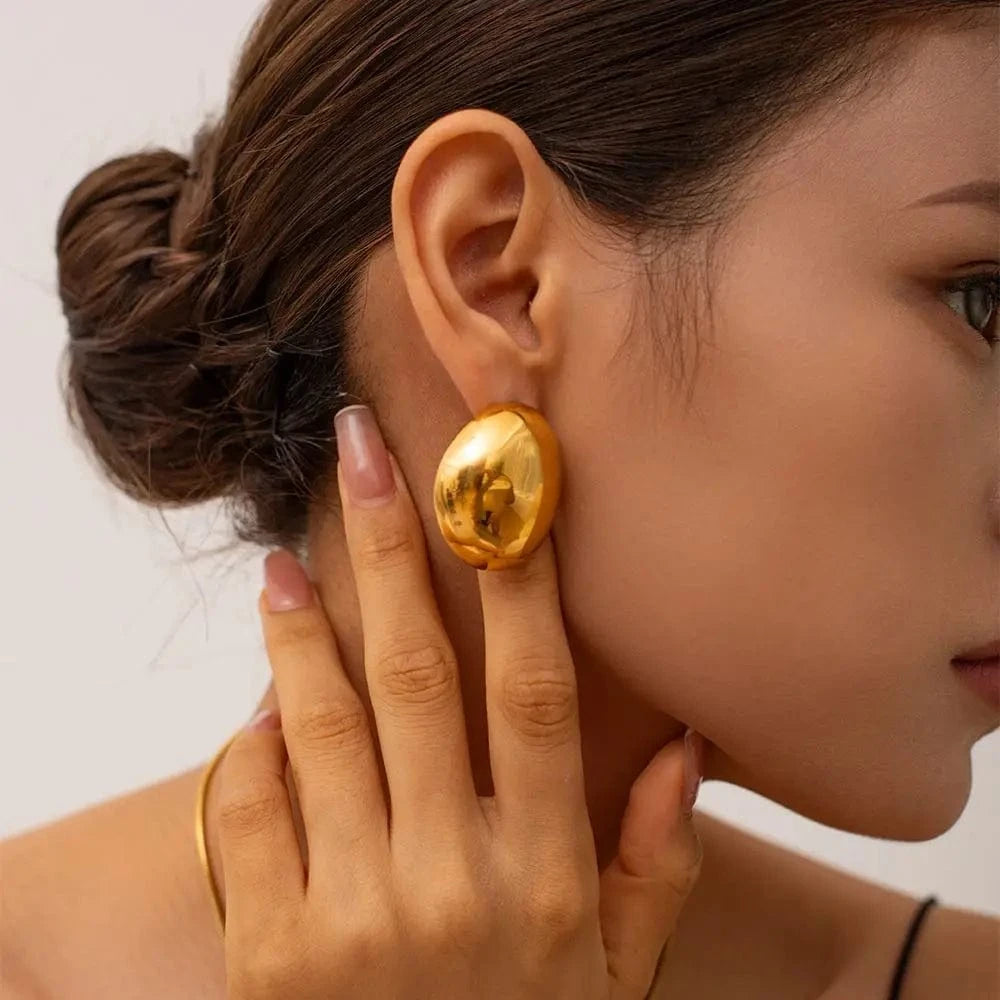 E1956 18K Gold Plated Stainless Steel High Polished Earrings Jewelry Eggshell Oval Shaped Stud Earrings For Women