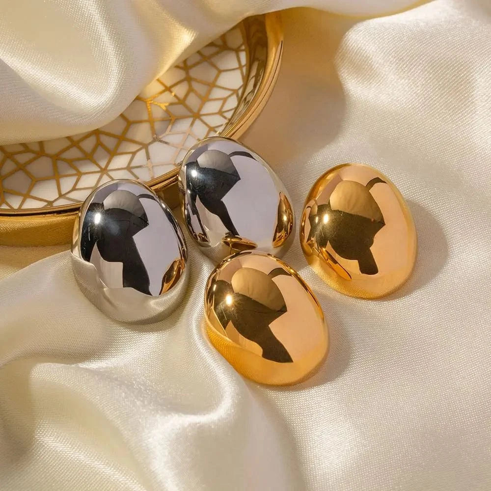 E1956 18K Gold Plated Stainless Steel High Polished Earrings Jewelry Eggshell Oval Shaped Stud Earrings For Women