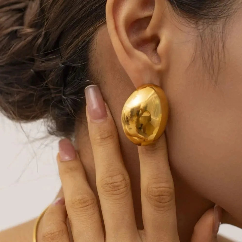 E1956 18K Gold Plated Stainless Steel High Polished Earrings Jewelry Eggshell Oval Shaped Stud Earrings For Women