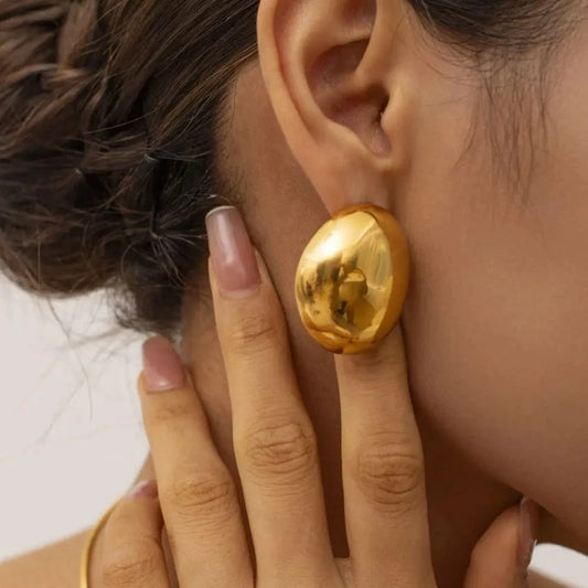 E1956 18K Gold Plated Stainless Steel High Polished Earrings Jewelry Eggshell Oval Shaped Stud Earrings For Women