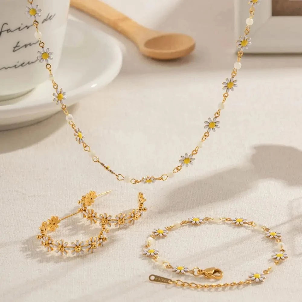 E2029 Little Daisy Flower Necklace Earring Set 18k Gold PVD Plated Stainless Steel Dainty Flower Daisy Choker Necklace For Women