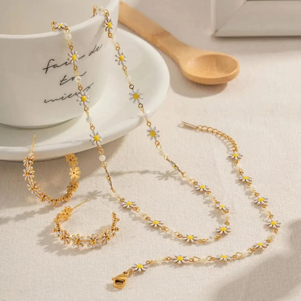 E2029 Little Daisy Flower Necklace Earring Set 18k Gold PVD Plated Stainless Steel Dainty Flower Daisy Choker Necklace For Women