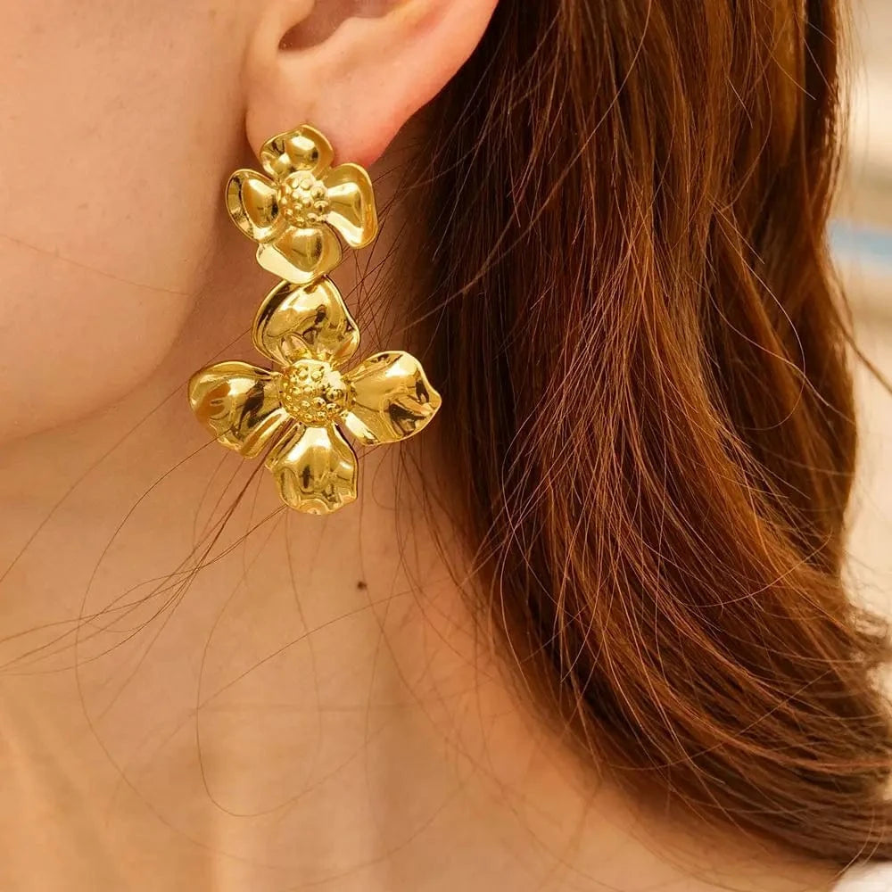 E2057 New Trend 18K Gold-plated Double Layer Earring Stainless Steel Stud Chunky Big Earrings For Women