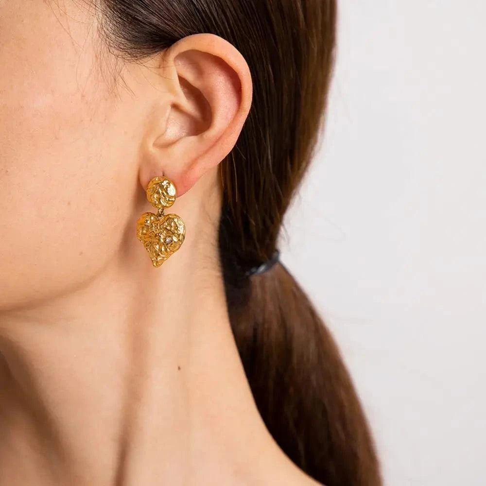 E2075 New Trendy 18K Gold Plated Stainless Steel Jewelry Gift Texture Heart Drop Earrings For Women