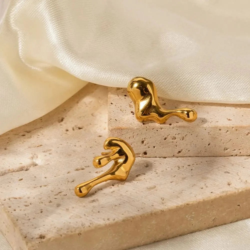 E2087 18k Gold Plated Stainless Steel Irregular WaterDrop Asymmetric Melting Ice Design Stud Earring
