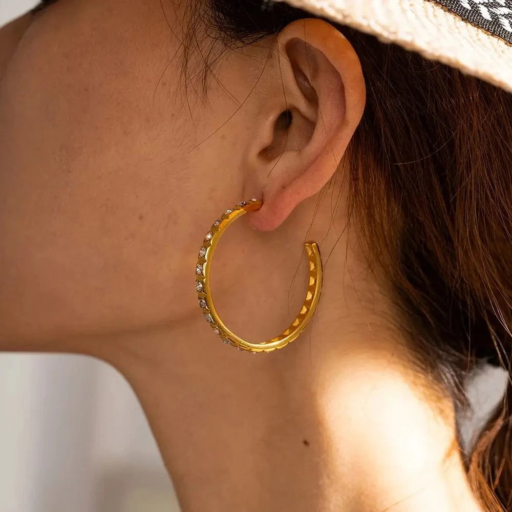 E2088 Chunky Zircon Pearl Huge Hoop Earring 18k PVD Real Gold Plated Stainless Steel Luxury Earring For Women