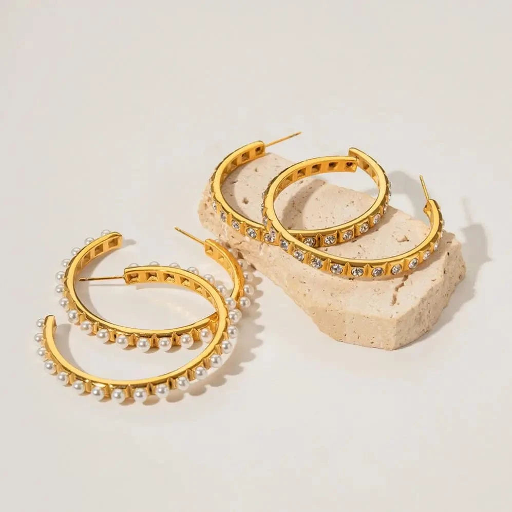 E2088 Chunky Zircon Pearl Huge Hoop Earring 18k PVD Real Gold Plated Stainless Steel Luxury Earring For Women