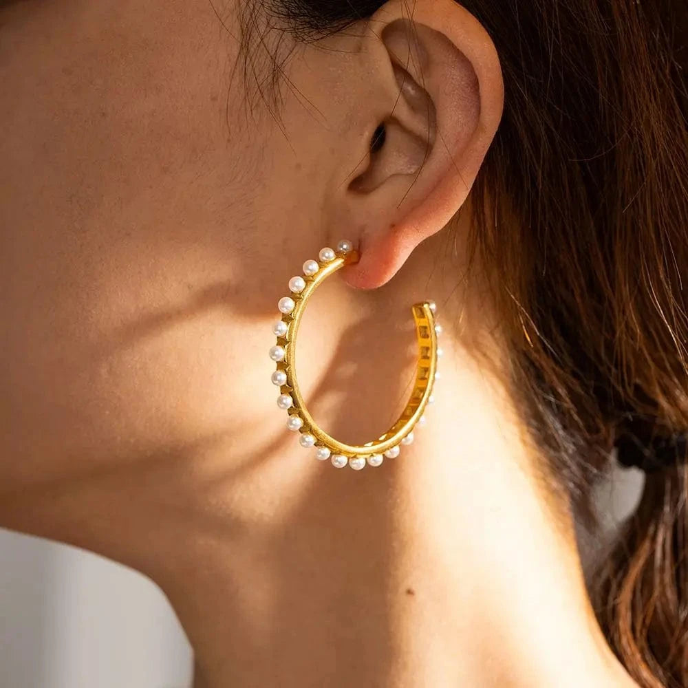 E2088 Chunky Zircon Pearl Huge Hoop Earring 18k PVD Real Gold Plated Stainless Steel Luxury Earring For Women