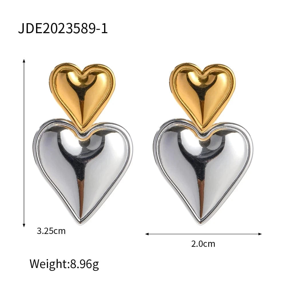 E2098-1 E2098 Trendy 18K Stainless Steel Gold Silver Plated Smooth Love Drop Jewelry Statement Double Heart Earrings