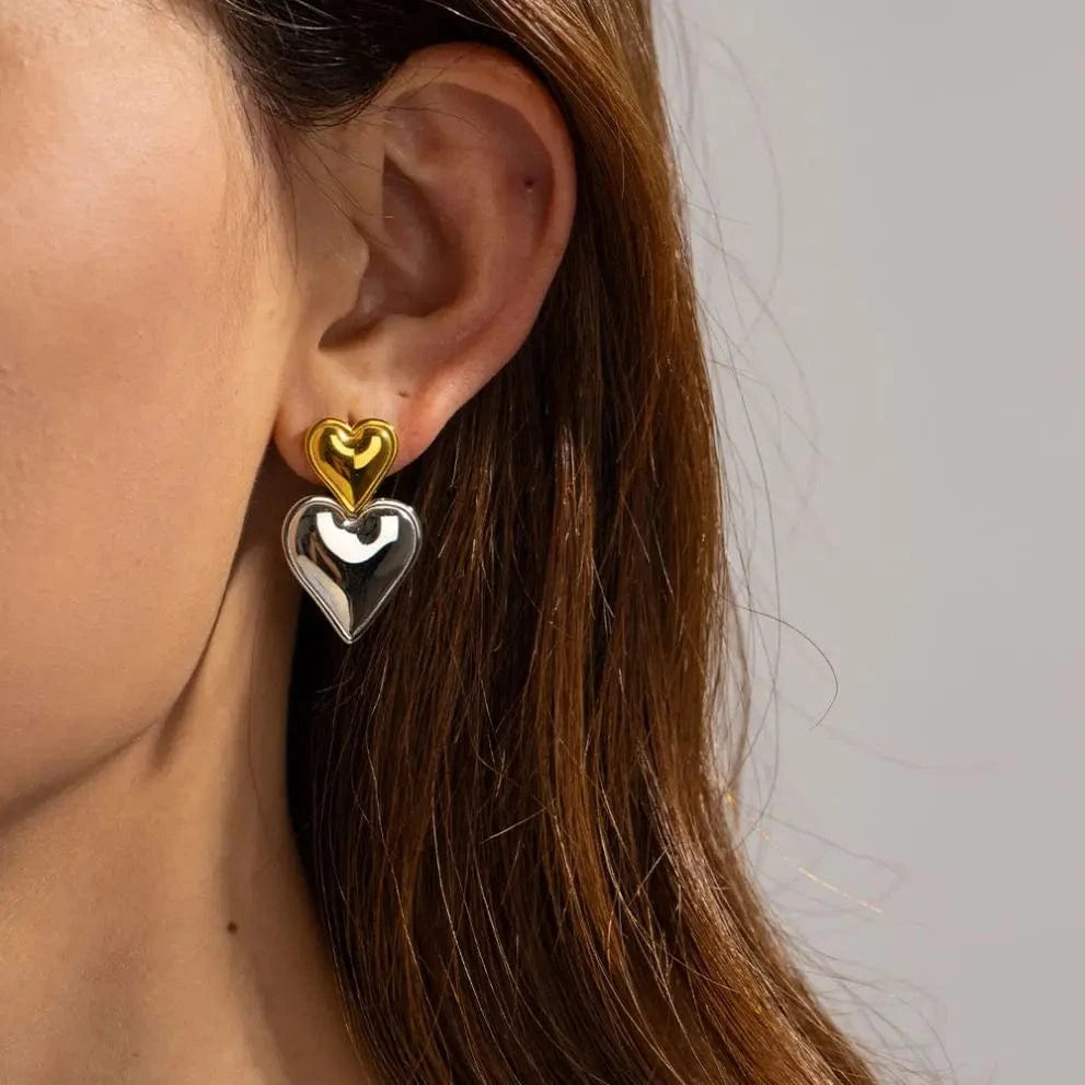 E2098 Trendy 18K Stainless Steel Gold Silver Plated Smooth Love Drop Jewelry Statement Double Heart Earrings