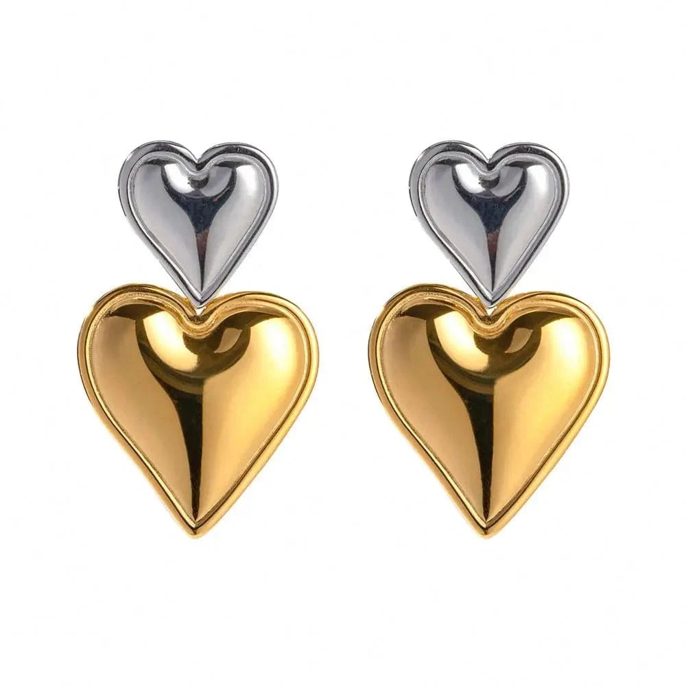 E2098 Trendy 18K Stainless Steel Gold Silver Plated Smooth Love Drop Jewelry Statement Double Heart Earrings