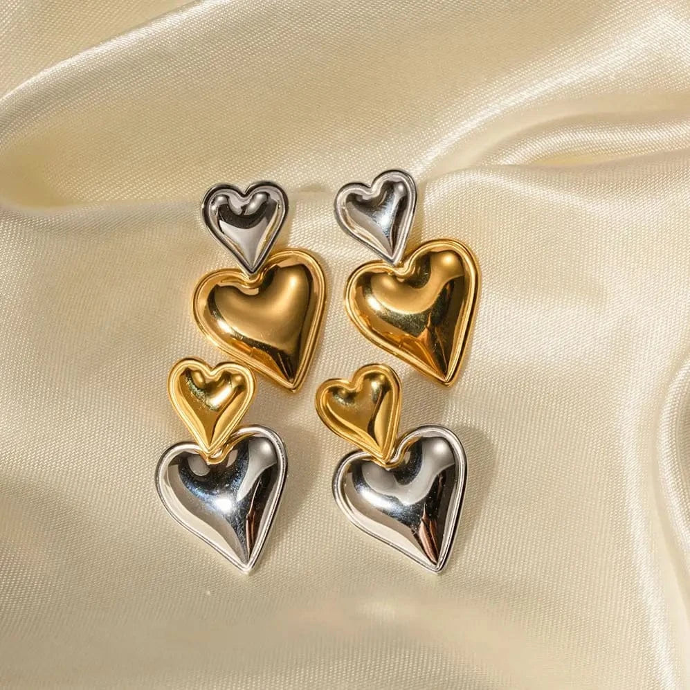 E2098 Trendy 18K Stainless Steel Gold Silver Plated Smooth Love Drop Jewelry Statement Double Heart Earrings