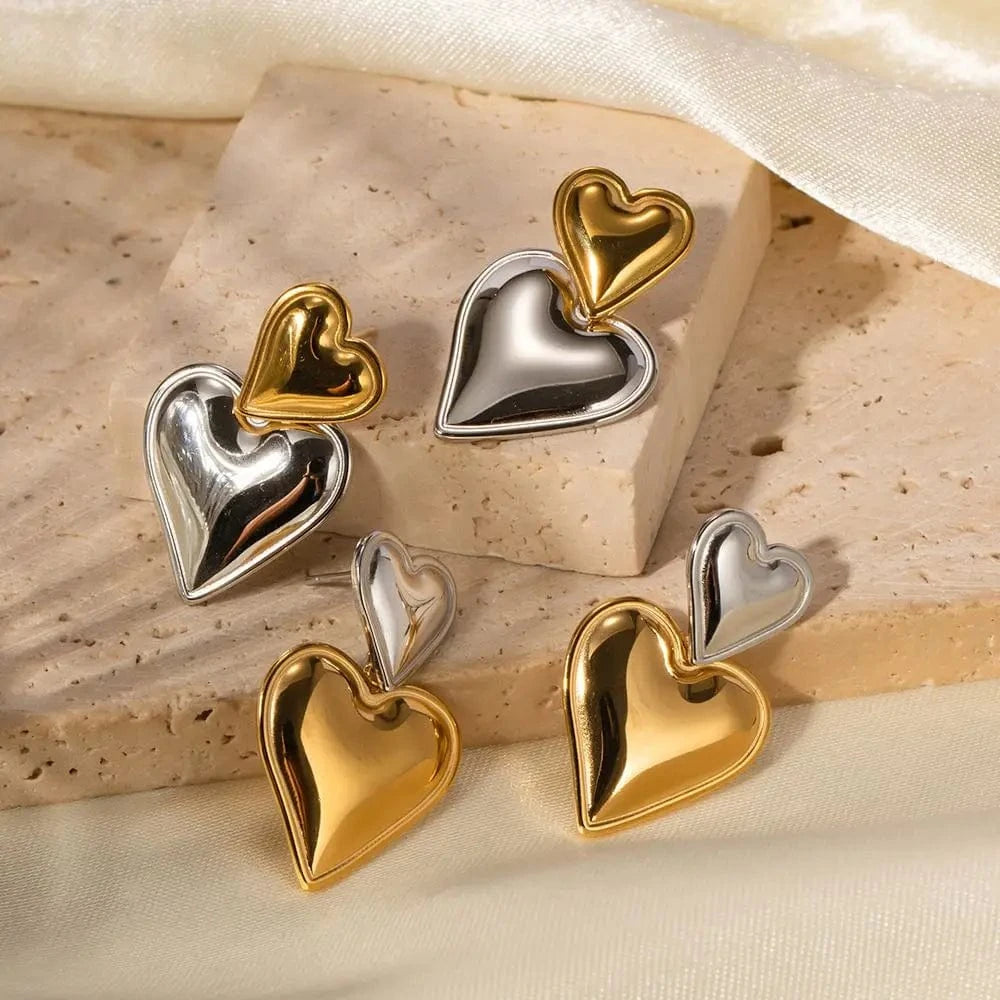 E2098 Trendy 18K Stainless Steel Gold Silver Plated Smooth Love Drop Jewelry Statement Double Heart Earrings