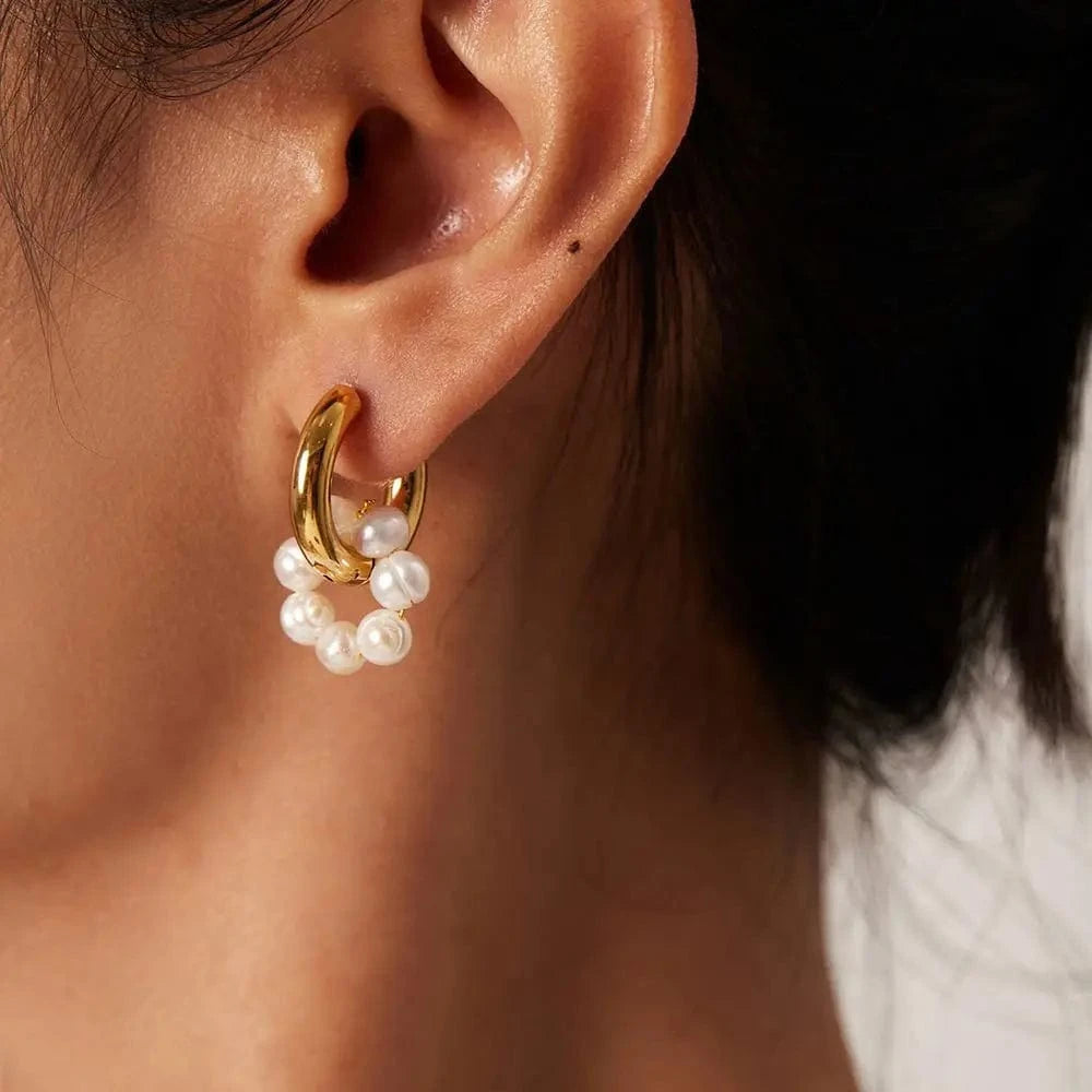 E2142 Baroque 18K Gold Plated Pearl Drop Earrings Charm Stainless Steel Freshwater Pearl Earring for Women