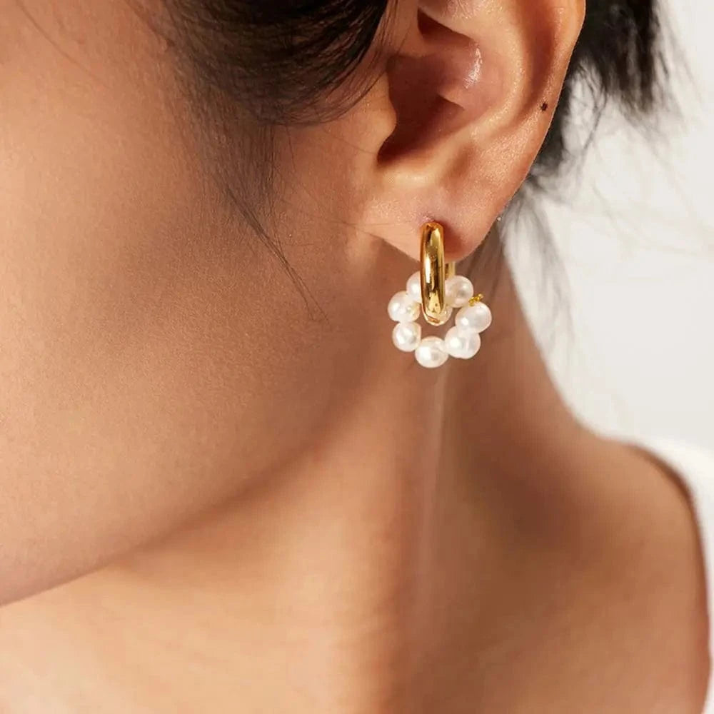 E2142 Baroque 18K Gold Plated Pearl Drop Earrings Charm Stainless Steel Freshwater Pearl Earring for Women