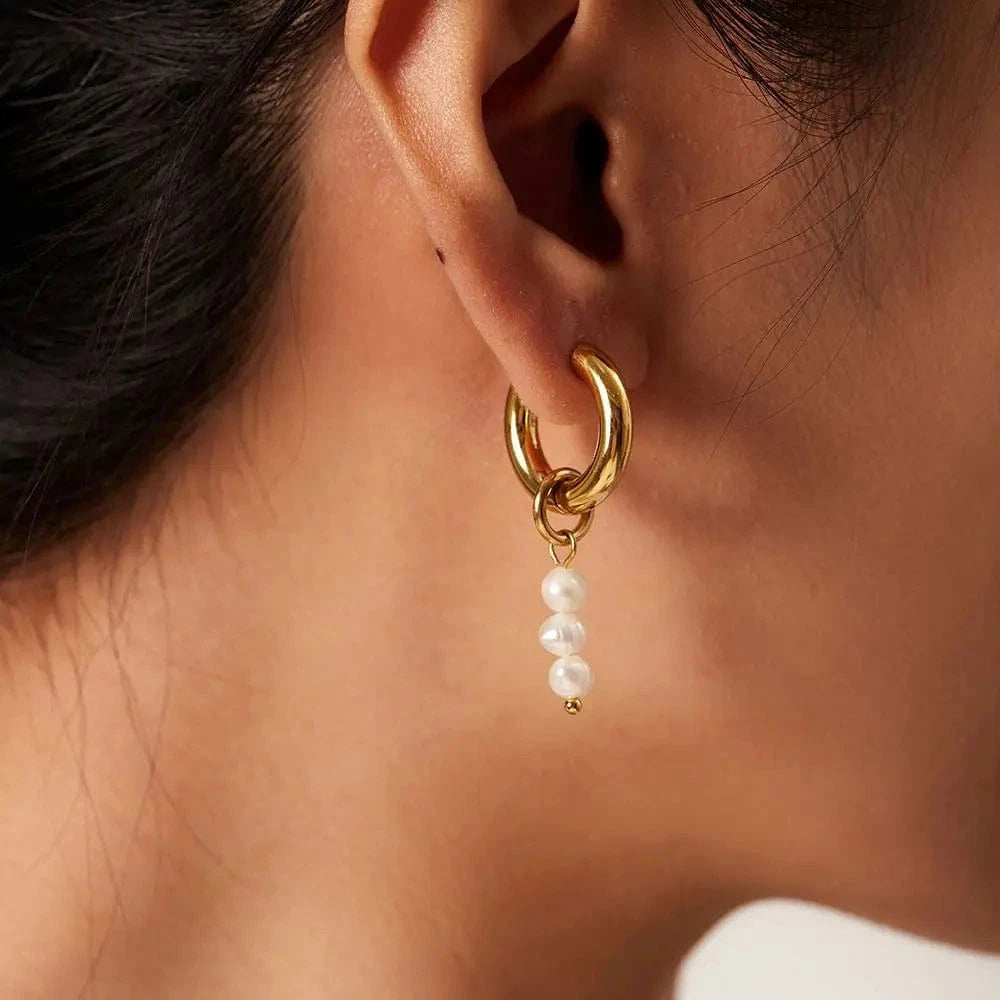 E2142 Baroque 18K Gold Plated Pearl Drop Earrings Charm Stainless Steel Freshwater Pearl Earring for Women