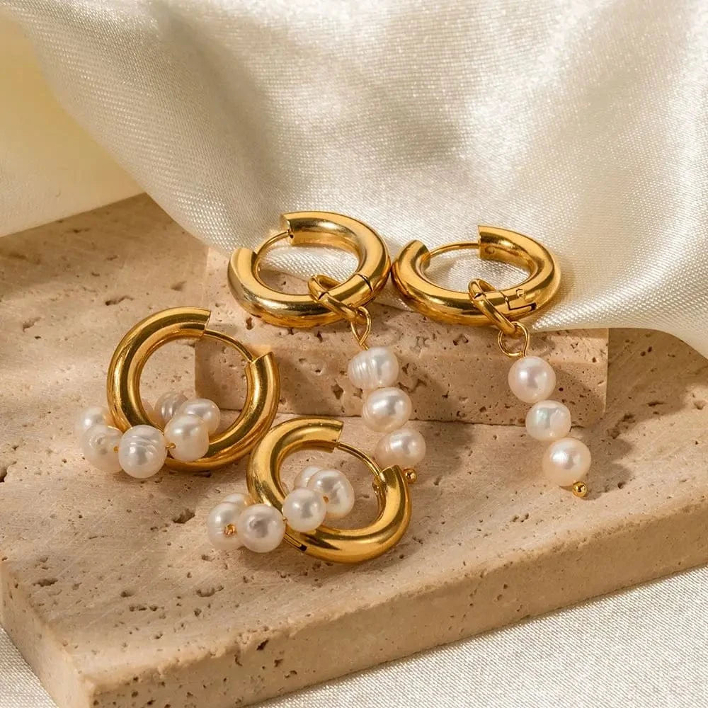 E2142 Baroque 18K Gold Plated Pearl Drop Earrings Charm Stainless Steel Freshwater Pearl Earring for Women