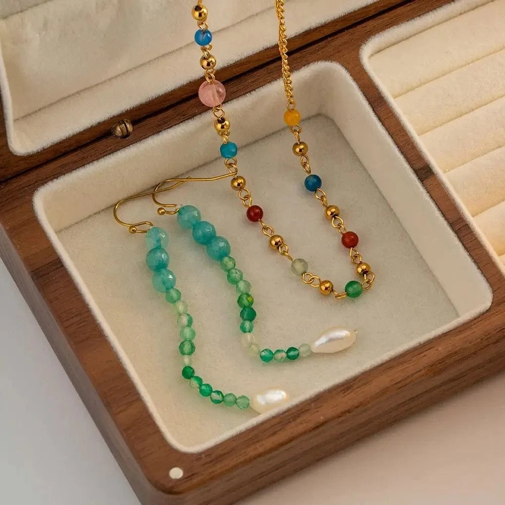 E2154 Dainty Freshwater Pearl Turquoise Tiger Eye Stone 18K Gold Plated Stainless Steel Drop Earring
