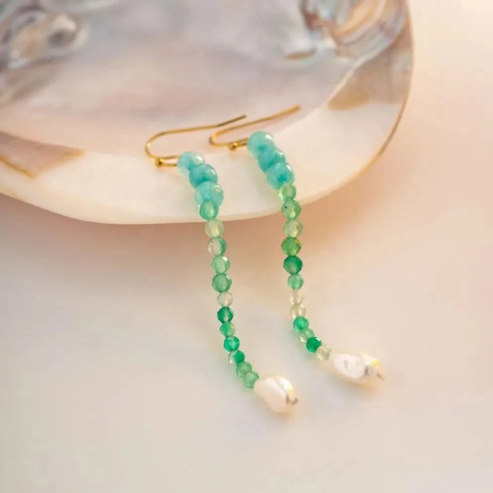 E2154 Dainty Freshwater Pearl Turquoise Tiger Eye Stone 18K Gold Plated Stainless Steel Drop Earring
