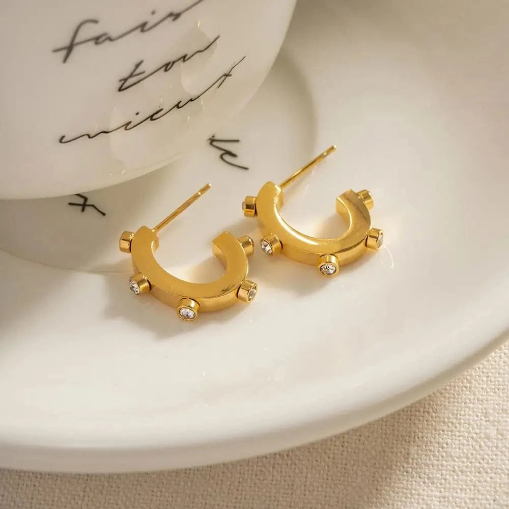 E2168 New Arrival 18K Gold Stainless Steel Metal Geometric Stone Earrings for Girls Women