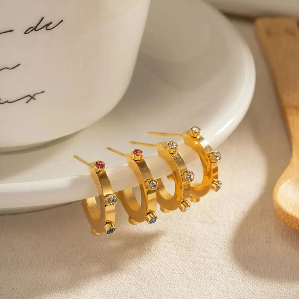 E2168 New Arrival 18K Gold Stainless Steel Metal Geometric Stone Earrings for Girls Women