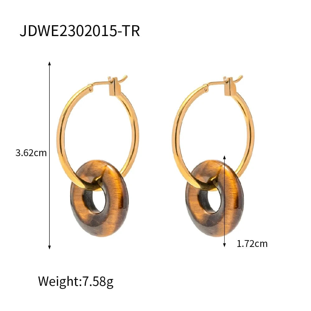 E2170-2 E2170 New Arrival Stainless Steel Rose Quartz Round Concentric Circle Green Tiger Eye Stone Hoop Earring
