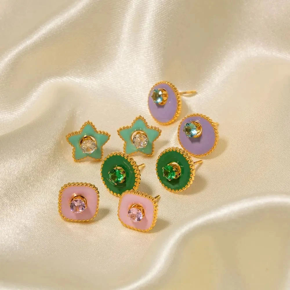 E2172 Dainty Color Earring Stainless Steel Gold Plated Enamel Star Round Zircon Stud Earring for Girls