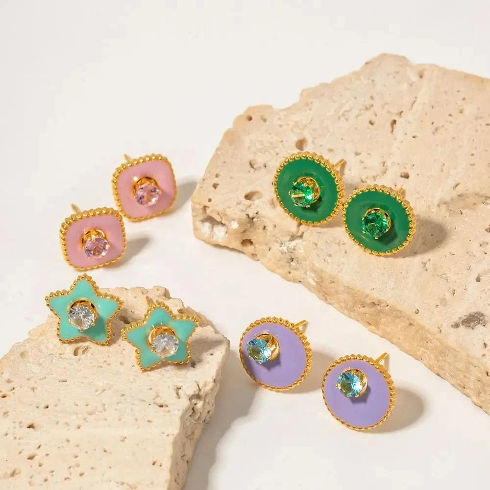 E2172 Dainty Color Earring Stainless Steel Gold Plated Enamel Star Round Zircon Stud Earring for Girls