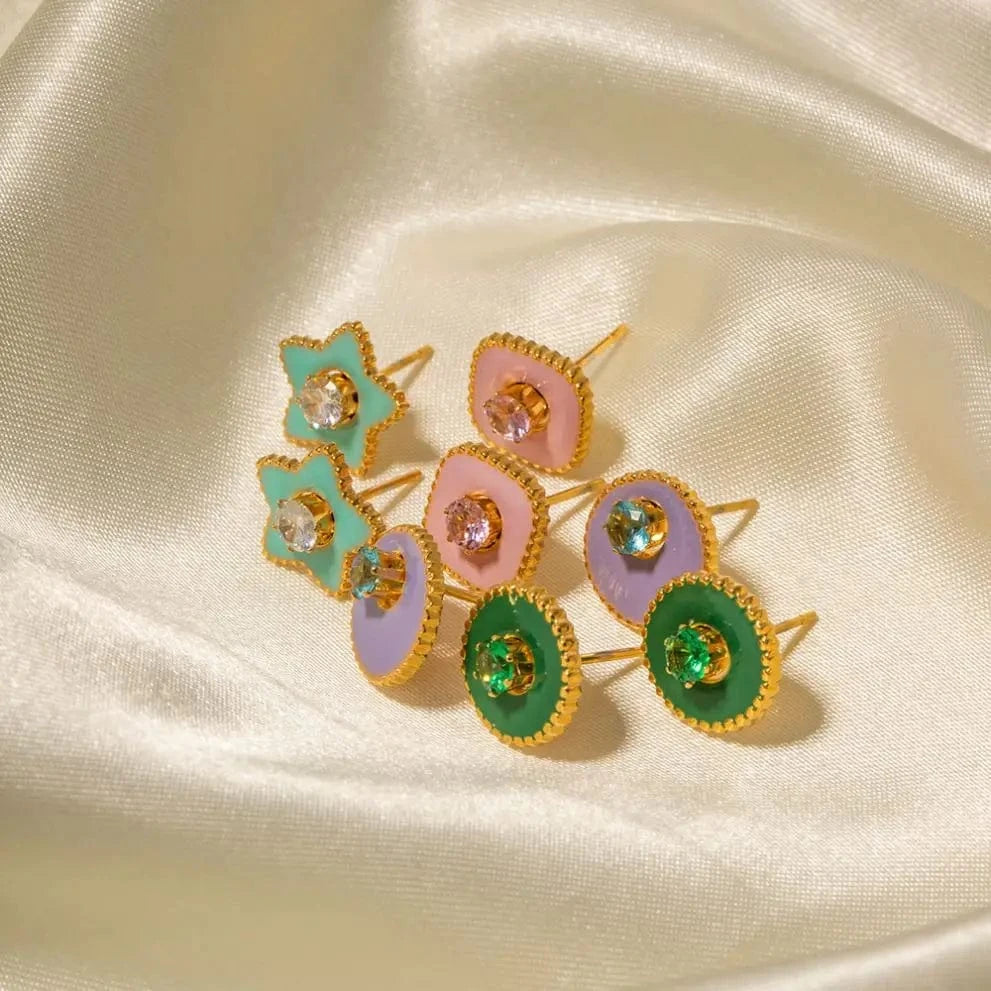 E2172 Dainty Color Earring Stainless Steel Gold Plated Enamel Star Round Zircon Stud Earring for Girls