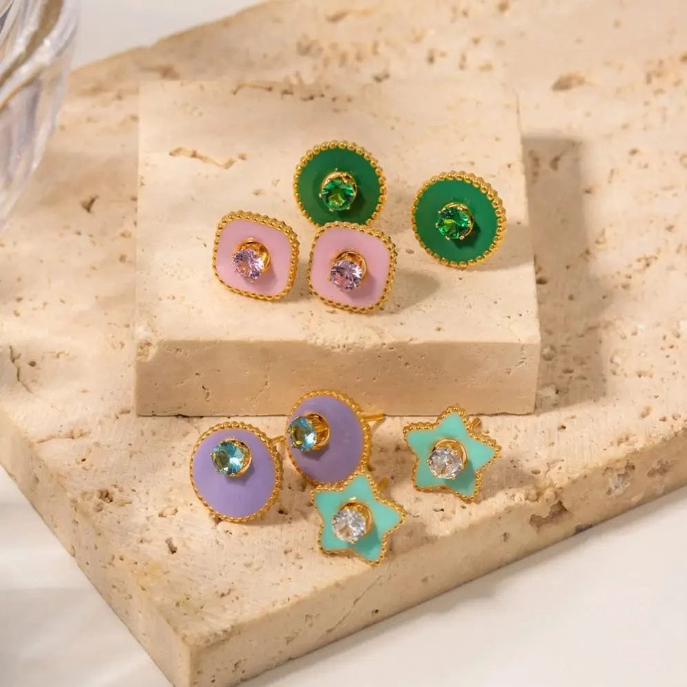 E2172 Dainty Color Earring Stainless Steel Gold Plated Enamel Star Round Zircon Stud Earring for Girls