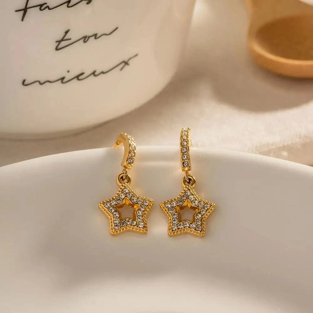 E2174 E2174 18K Gold Plated Stainless Steel Jewelry Gift White Full Cubic Zirconia Five-pointed Star Pendant Earrings