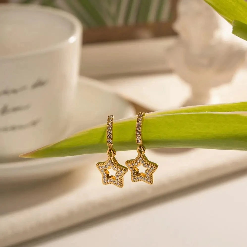 E2174 E2174 18K Gold Plated Stainless Steel Jewelry Gift White Full Cubic Zirconia Five-pointed Star Pendant Earrings