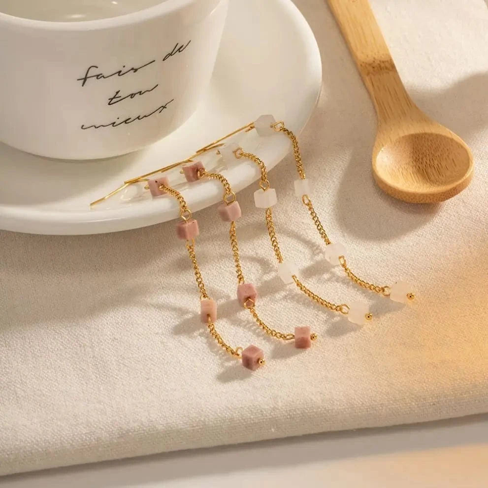 E2175 Stainless Steel 18K Gold Plate Earrings For Women Nature Stone Long Chain Tassel Earrings for Girls