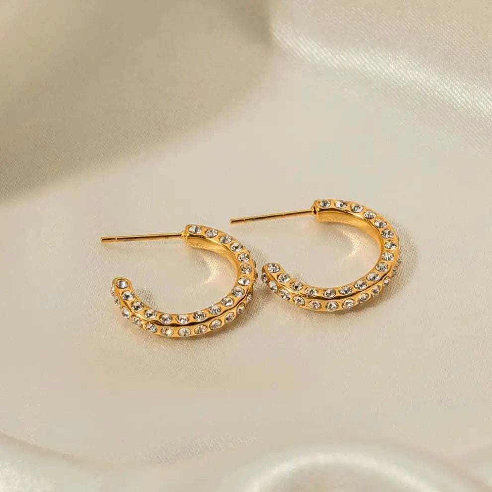 E2186 E2186 Waterproof 18K Gold Plated CZ Stone Earring Stainless Steel Pave Clear Cubic Zirconia CC Hoop Earring for Girls
