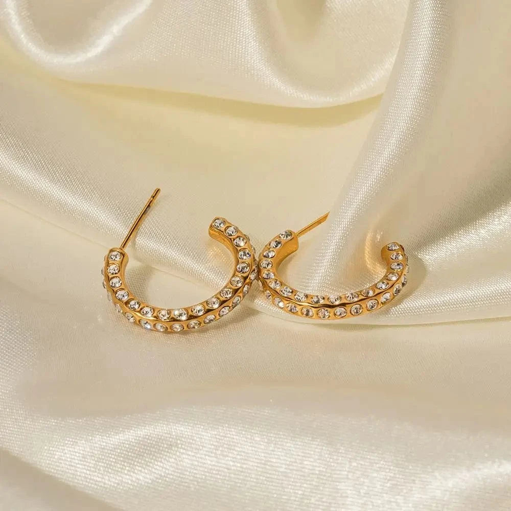 E2186 E2186 Waterproof 18K Gold Plated CZ Stone Earring Stainless Steel Pave Clear Cubic Zirconia CC Hoop Earring for Girls