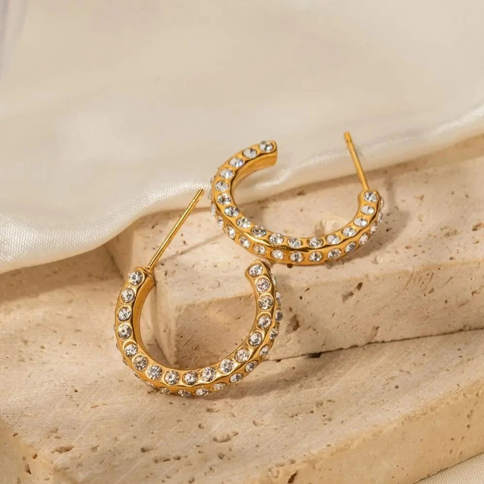 E2186 E2186 Waterproof 18K Gold Plated CZ Stone Earring Stainless Steel Pave Clear Cubic Zirconia CC Hoop Earring for Girls