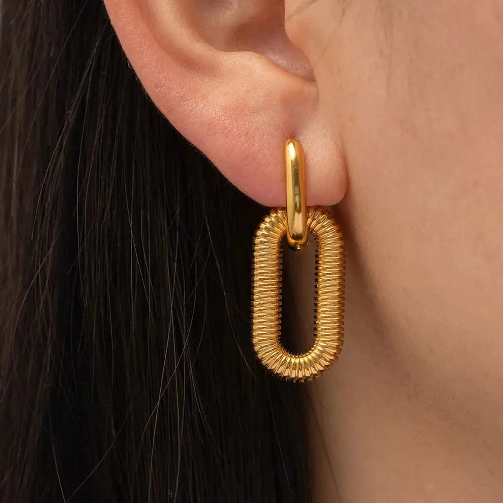 E2207 Exaggerated Chain Pendant Earring Geometric 18K Stainless Steel Gold Plated Double Hoop Earrings