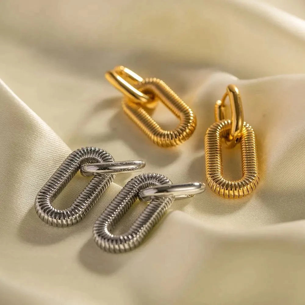 E2207 Exaggerated Chain Pendant Earring Geometric 18K Stainless Steel Gold Plated Double Hoop Earrings