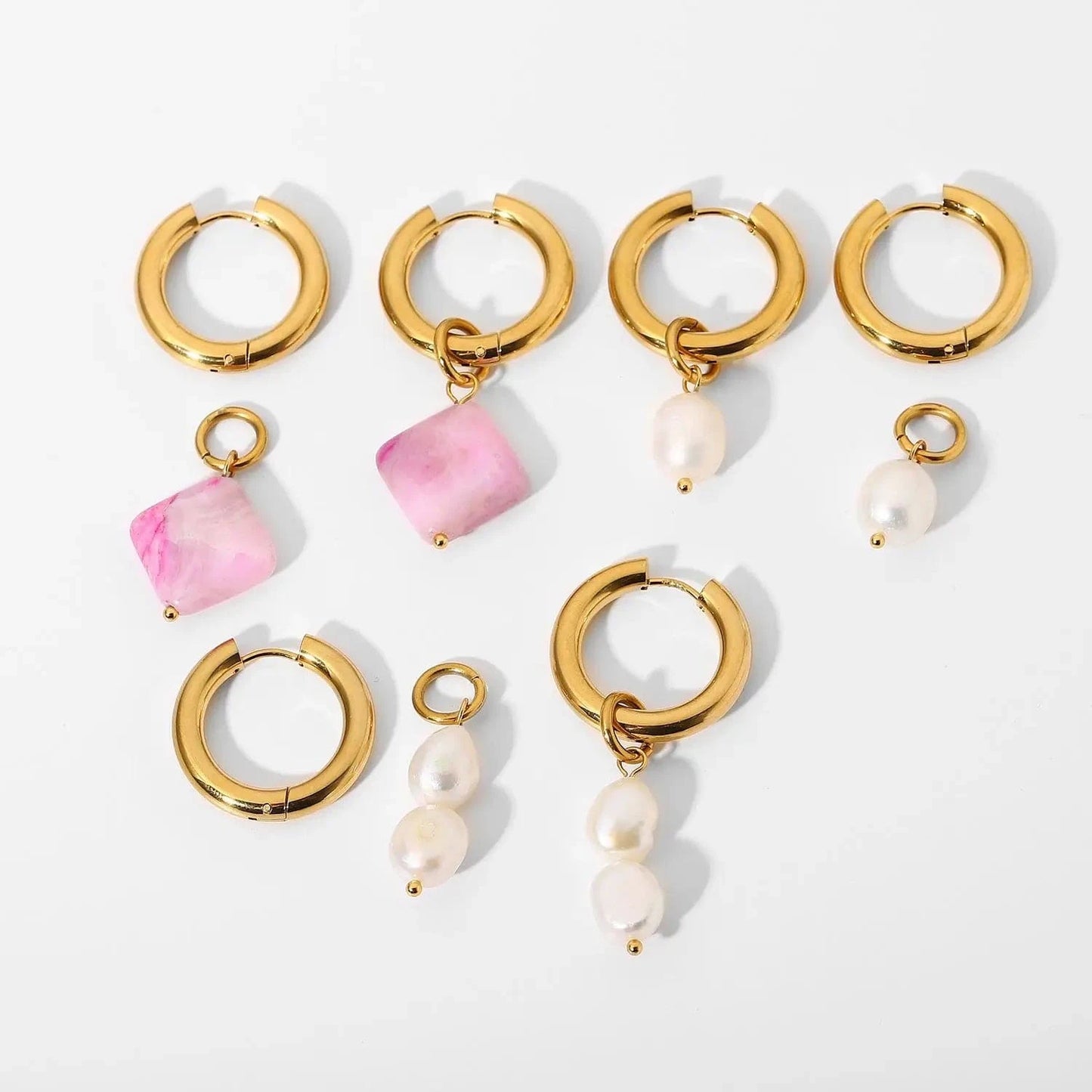 E2244 18k Gold Plated Stainless Steel Hoop Huggie Freshwater Pearl Natural Opal stone agate Drop earrings