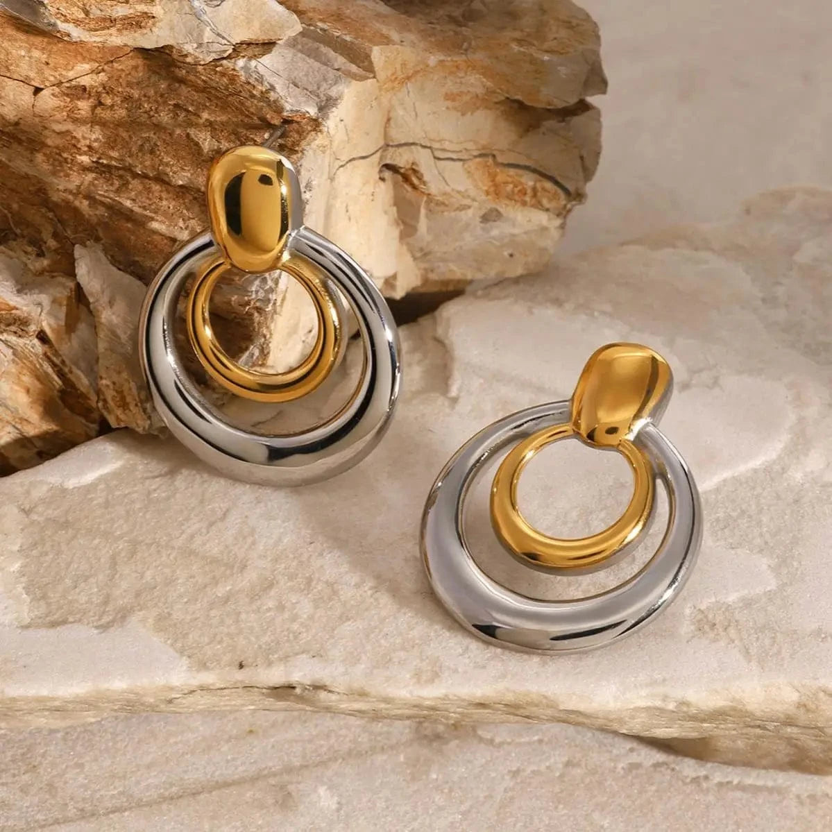 E2440 Fashion Jewelry 18K PVD Stainless Steel Gold Round Double Hollow Earrings