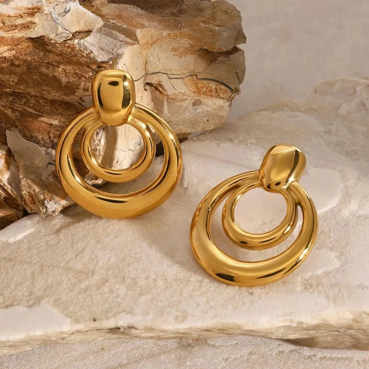 E2440 Fashion Jewelry 18K PVD Stainless Steel Gold Round Double Hollow Earrings
