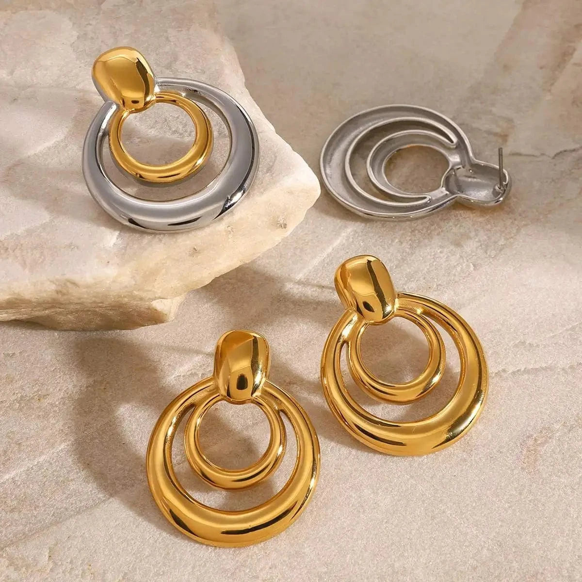 E2440 Fashion Jewelry 18K PVD Stainless Steel Gold Round Double Hollow Earrings