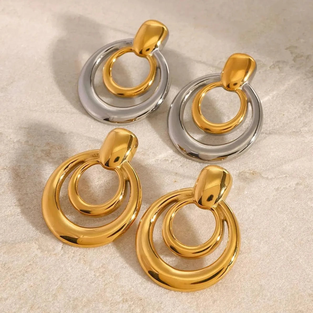E2440 Fashion Jewelry 18K PVD Stainless Steel Gold Round Double Hollow Earrings